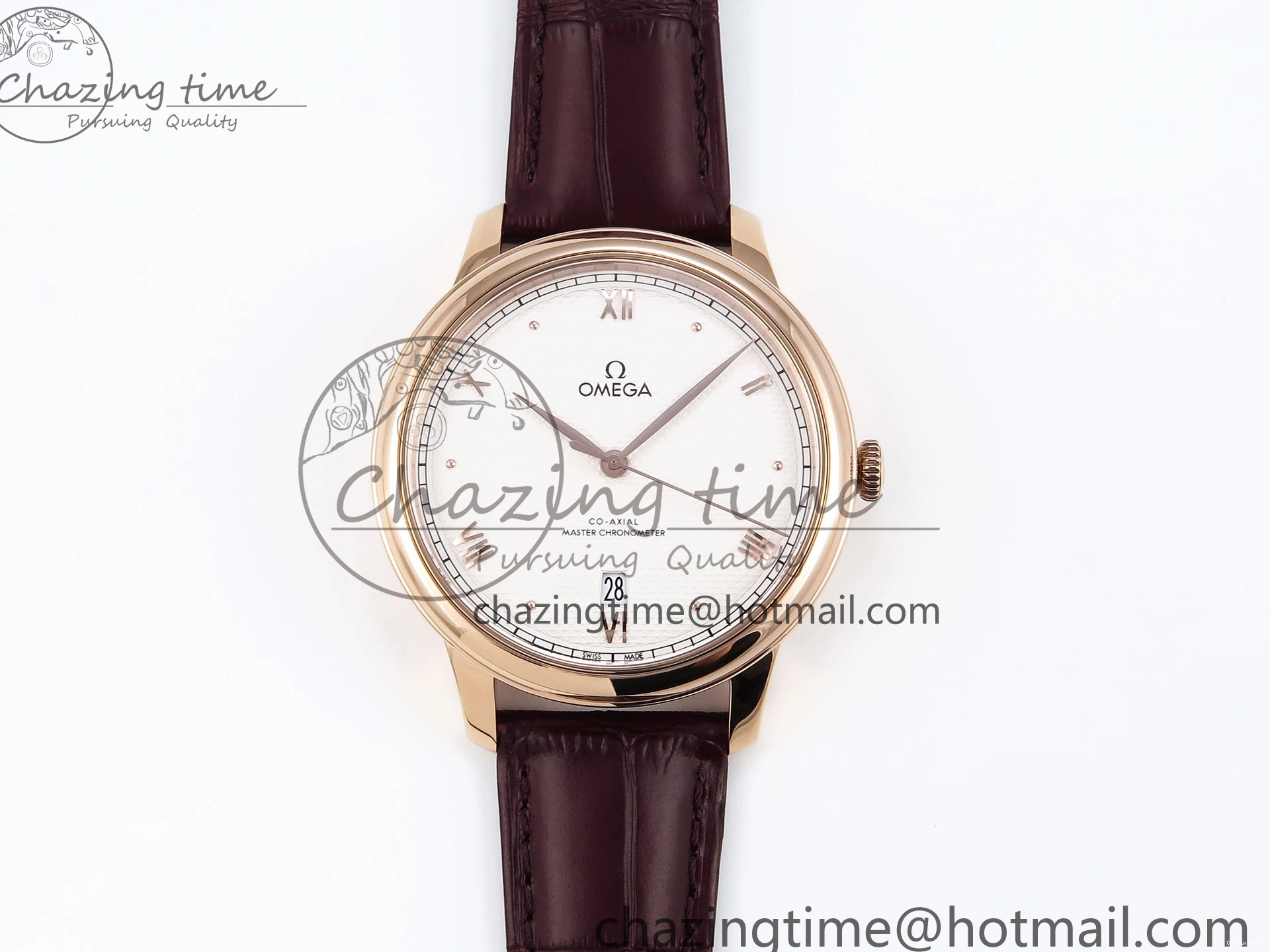 0219 Modern De Ville Date RG MKF 1:1 Best Edition White Textured Dial Roman Marker on Brown Leather Strap A 7752